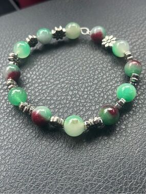 Handmade Green and Burgundy Beaded Bracelet with Silver Accents